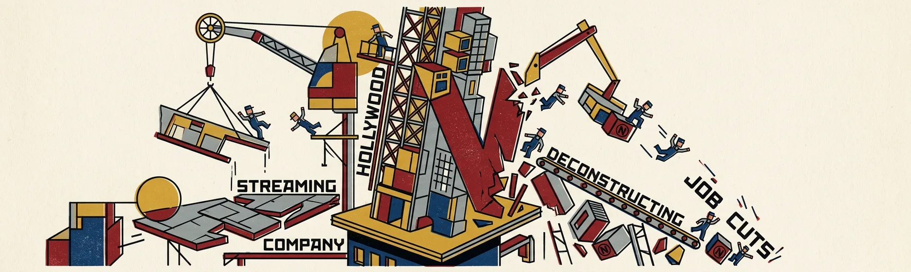 A panoramic construction illustration shows cranes assembling and dismantling a Hollywood streaming tower around a large red Netflix N, with a job-cuts conveyor to the right.